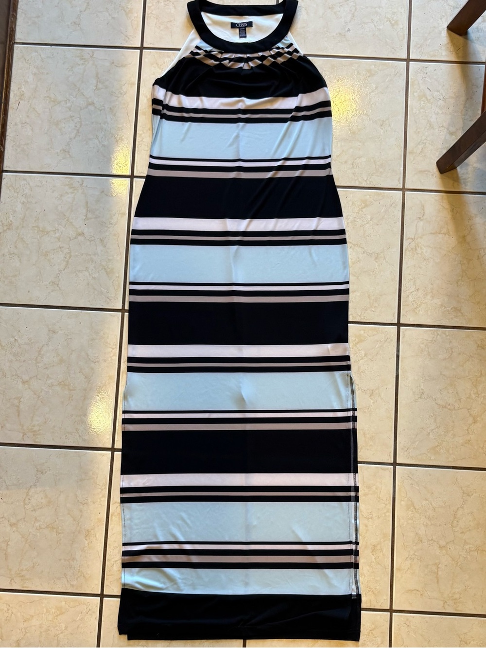 Chaps Black, Light Blue, White, taupe Striped Maxi Dress size small